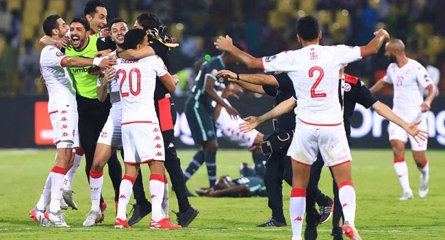 Tunisia players celebrating after defeating Nigeria at AFCON 2021 